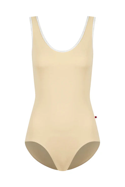 Beige leotard with white trim on a white background