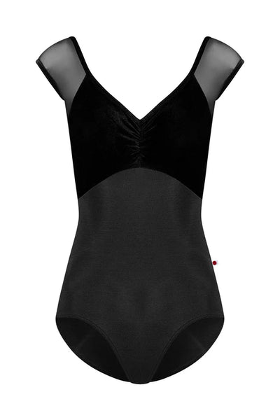 Black leotard with sheer shoulder straps on a white background