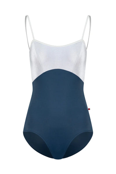 A color-blocked one-piece leotard with a white upper bodice and a navy blue lower bodice, featuring thin shoulder straps and a small red tag on the side, shown against a plain white background.