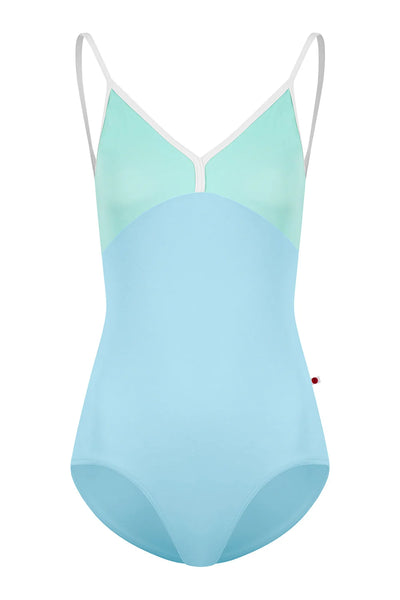 A colorblock one-piece swimsuit with a light blue body, a mint green V-neckline, and thin white shoulder straps, shown against a plain white background.