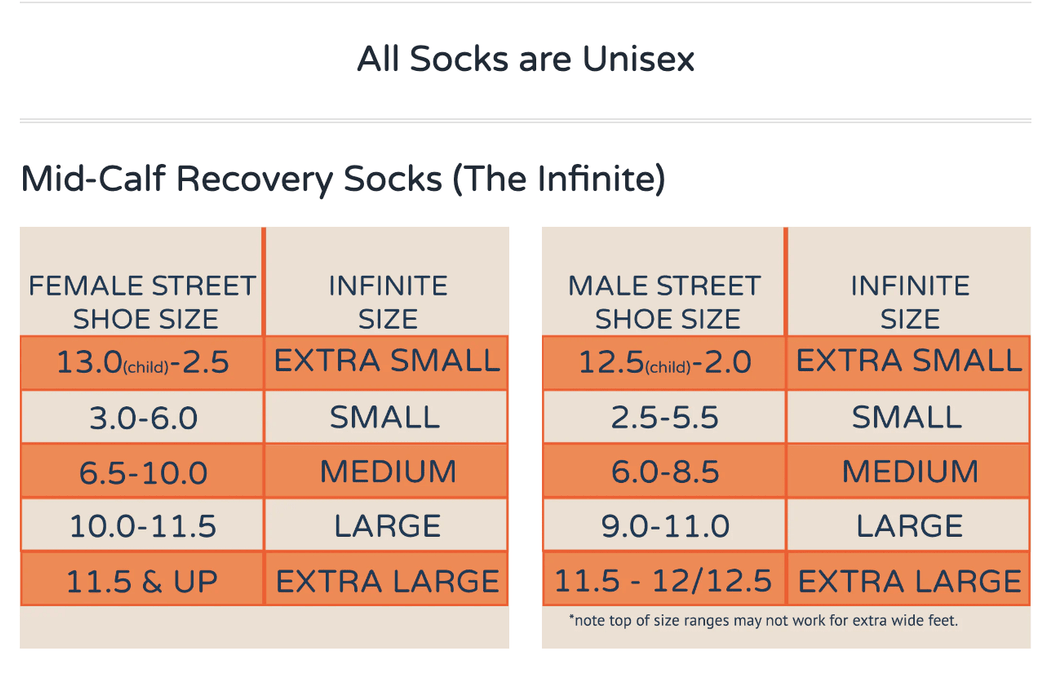 The Infinite Shock with Traction - Dance Sock Sizing Chart