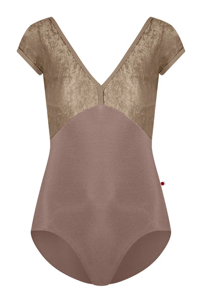 A women's one-piece bodysuit with a textured champagne-gold lace upper bodice and short sleeves, transitioning into a smooth dusty-rose mauve lower body, shown against a plain white background.