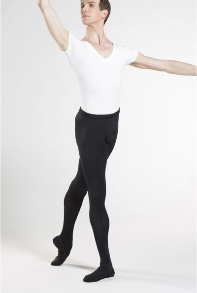 Ballerina in a white leotard and black tights posing against a white background