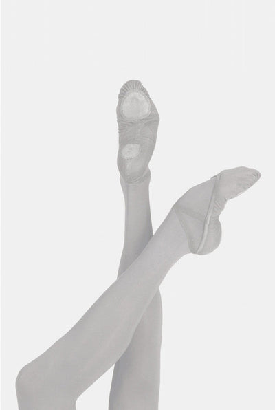 A pair of ballet slippers shown on a mannequin leg against a light gray background.