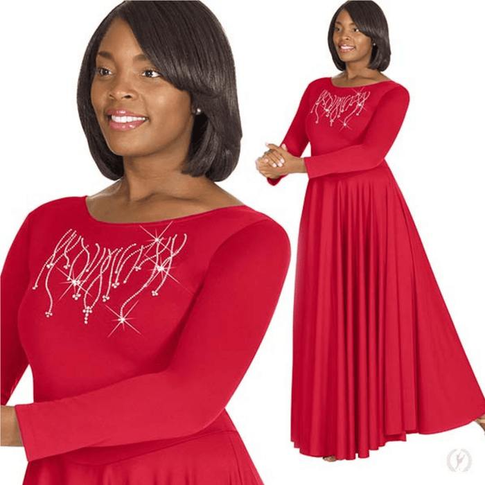 11024 - Eurotard Womens Front Lined Long Sleeve Praise Dress with Rhinestone Reigning Cross