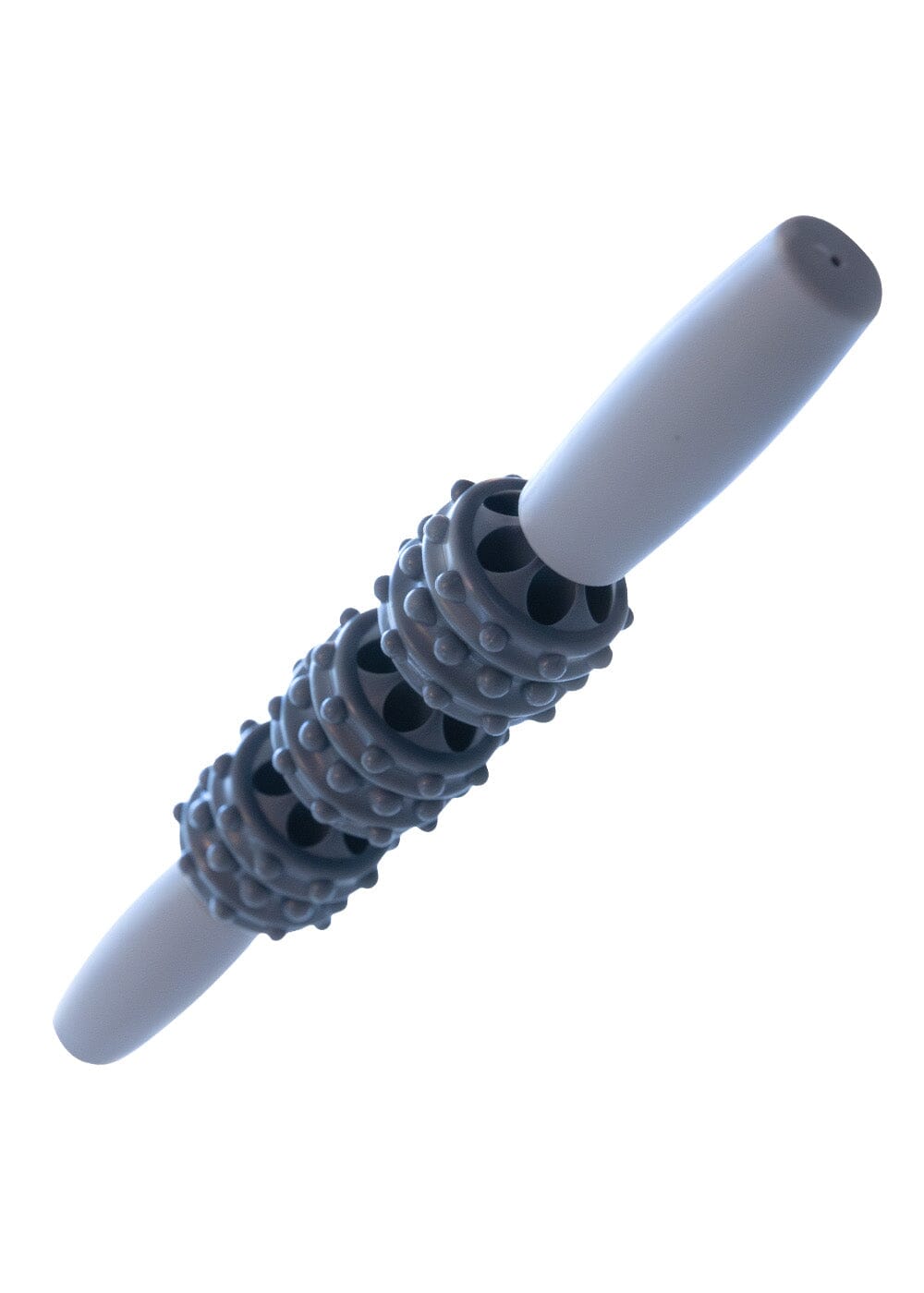 A person using a massage stick with three roller balls on it to massage their thigh.