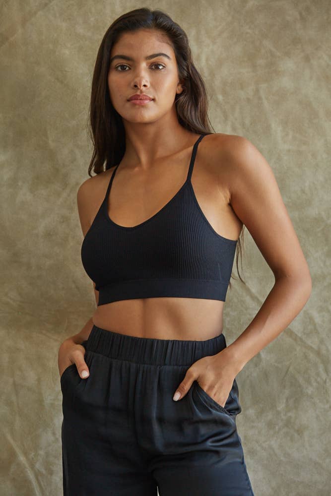 Knit Ribbed Seamless Sleeveless Padded Brami: Black / ML