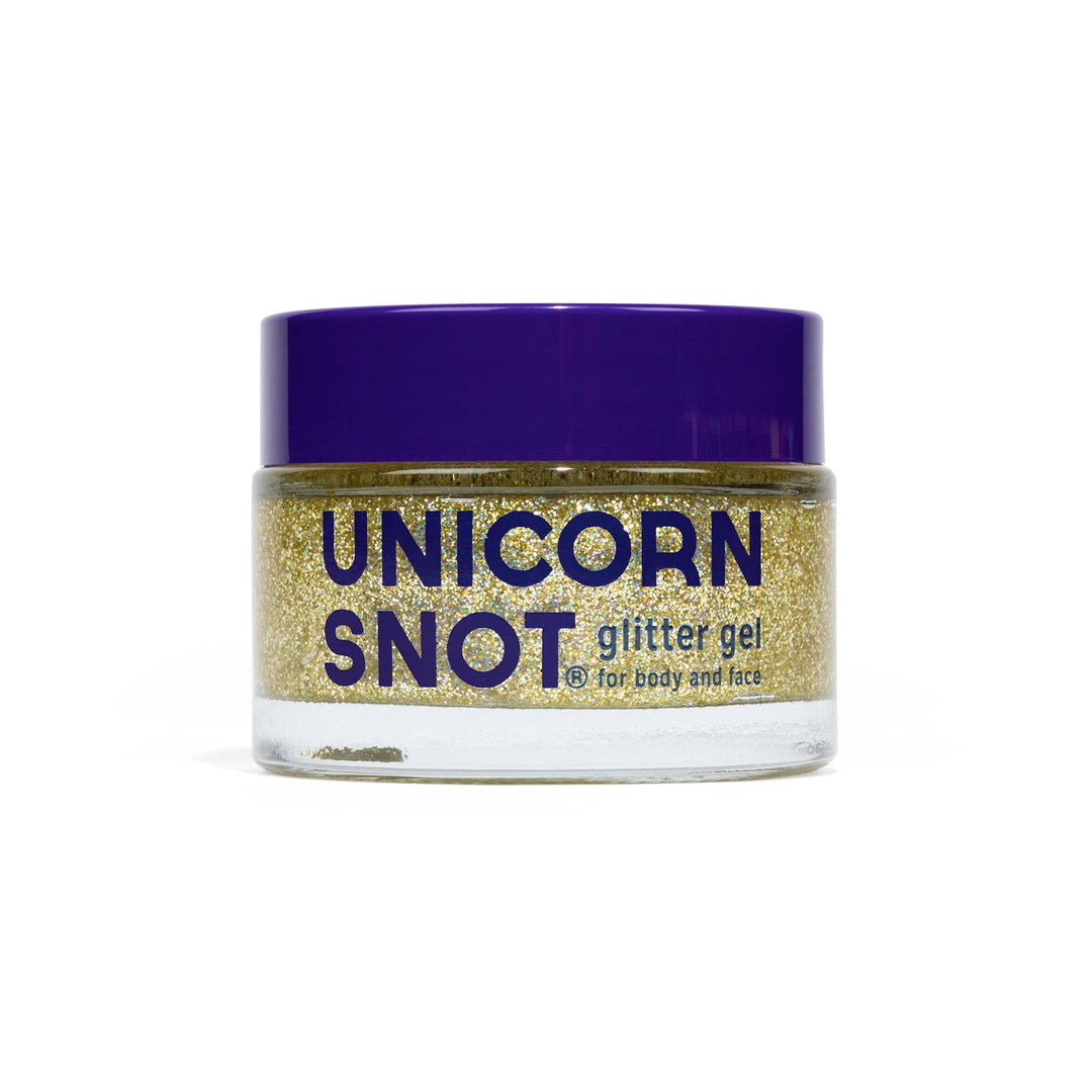 Jar of unicorn snot glitter gel with purple lid and gold body on a white background