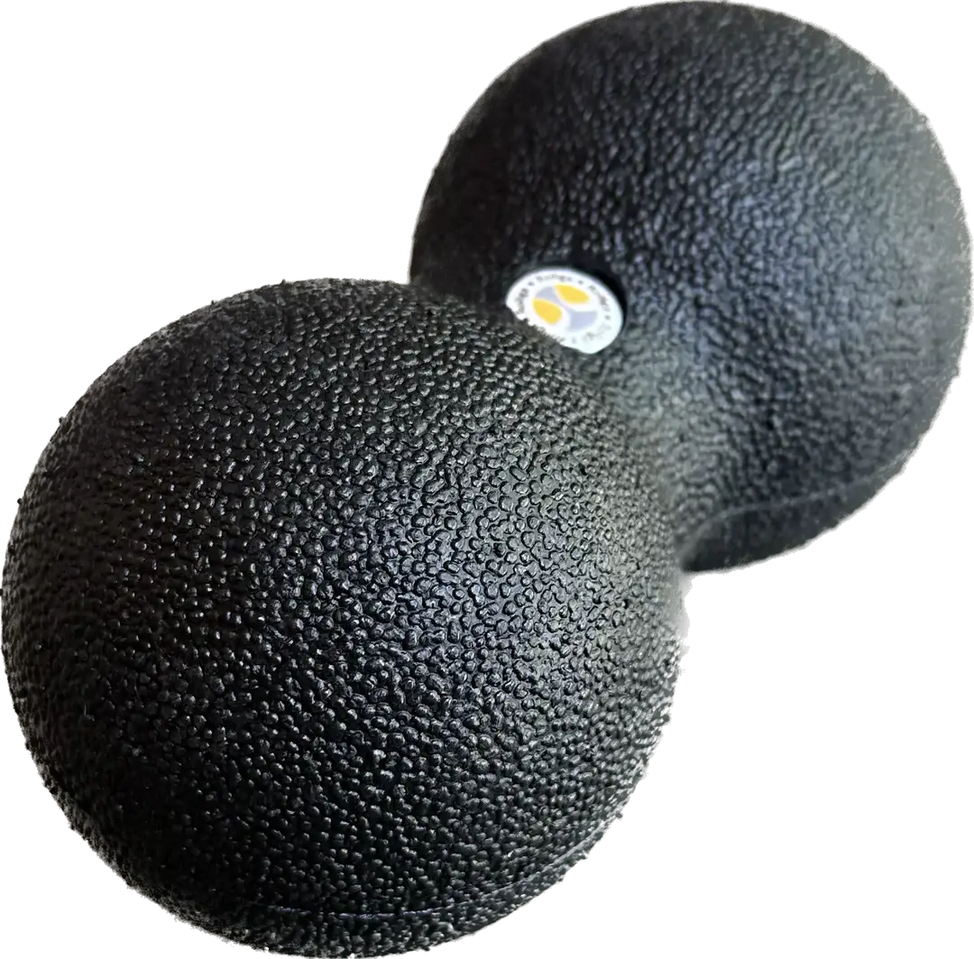 Black textured dumbbell with a visible brand logo on a white background