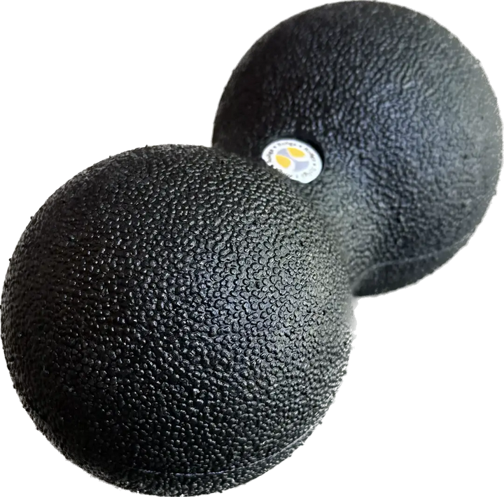 Black textured dumbbell with a visible brand logo on a white background