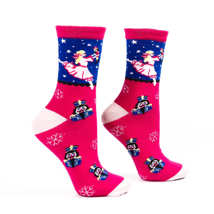 Pair of socks with a colorful design on a white background