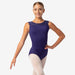 Ballerina wearing a purple leotard with lace details on a white background