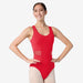 Person wearing a red leotard on a white background