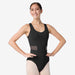 Person wearing a black leotard on a white background