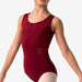 Red leotard worn by a model on a plain background