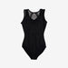 Black swimsuit with sheer mesh details on a white background
