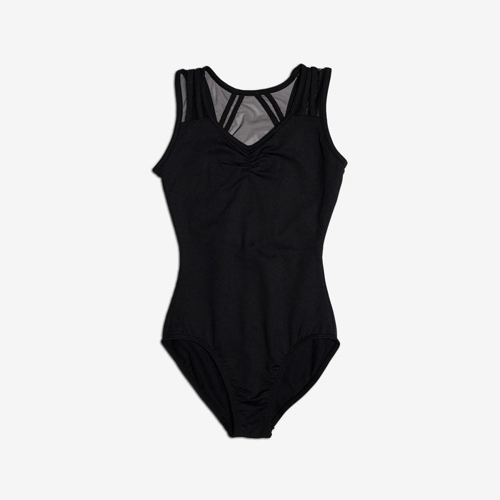 Black swimsuit with sheer mesh details on a white background