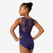 Person wearing a purple leotard with mesh back design on a white background