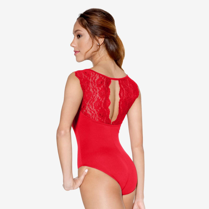 Red lace bodysuit worn by a model on a white background