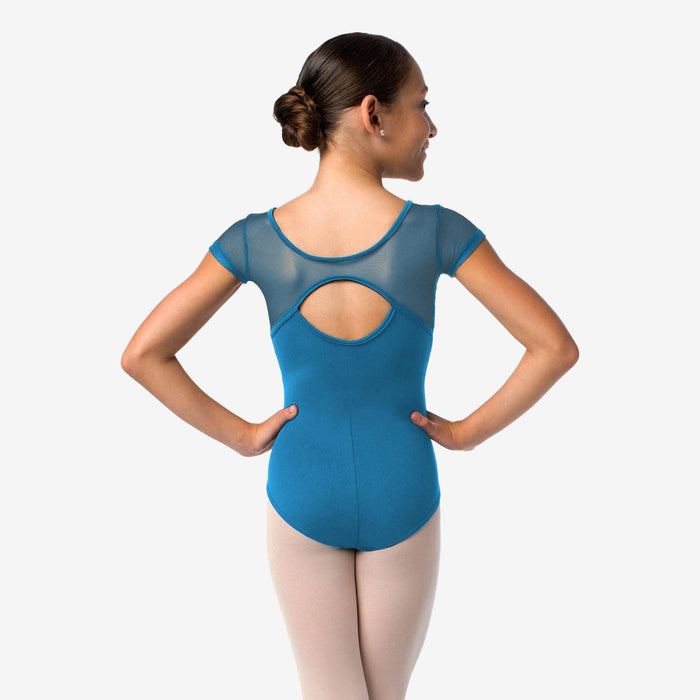Woman wearing a blue ballet leotard on a white background