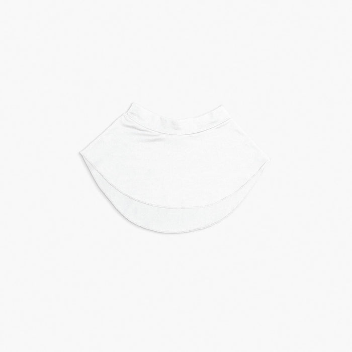 White t-shirt with a small logo on a white background