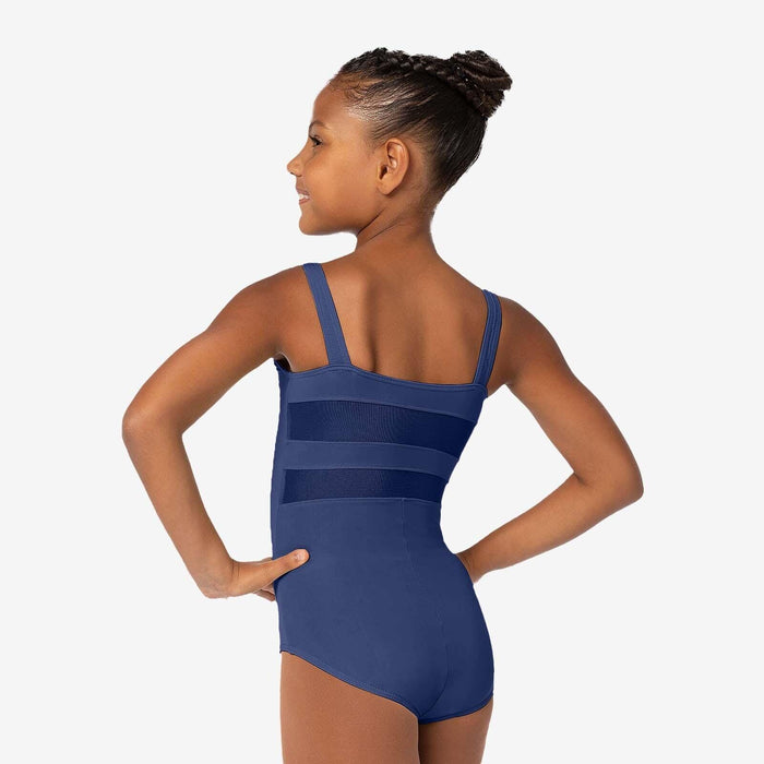 Person wearing a blue leotard on a white background