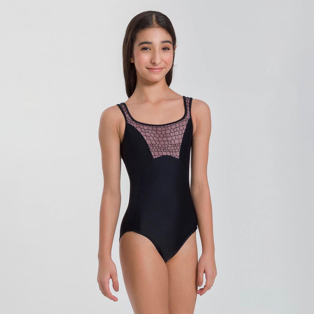 Woman wearing a black swimsuit with lace detailing on a white background