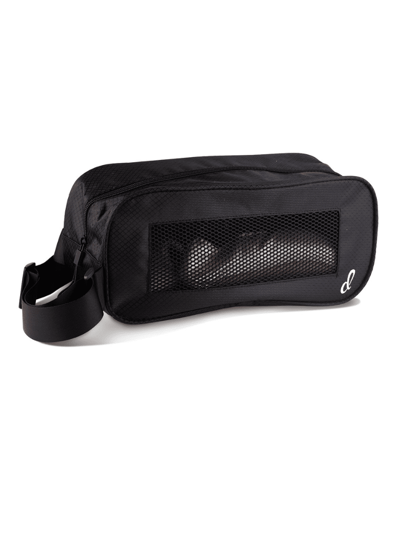 Black travel bag with mesh pocket on a white background