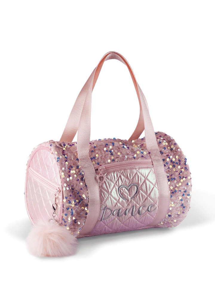 Pink dance bag with sequins and a heart design on a white background