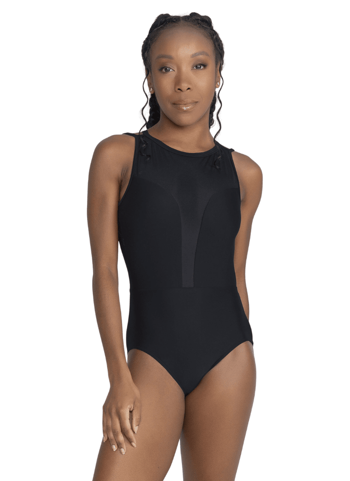 Woman wearing a black one-piece swimsuit on a white background