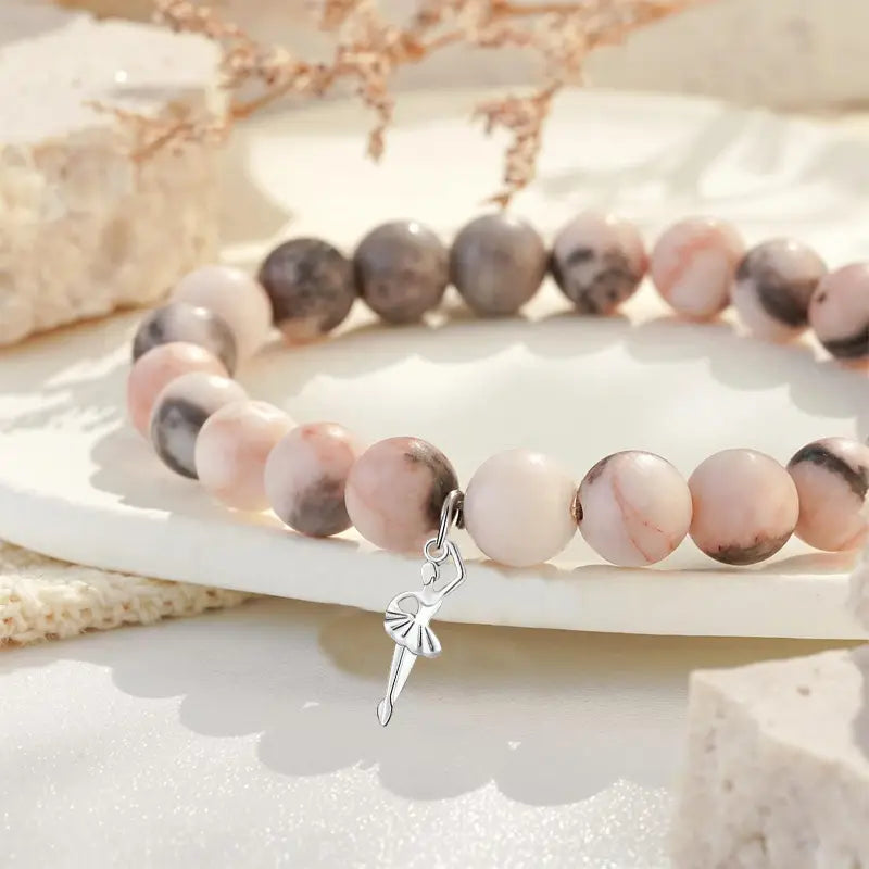 2pcs Beaded Glass Bracelet Set with Ballet Dancer Charm & Inspirational Card