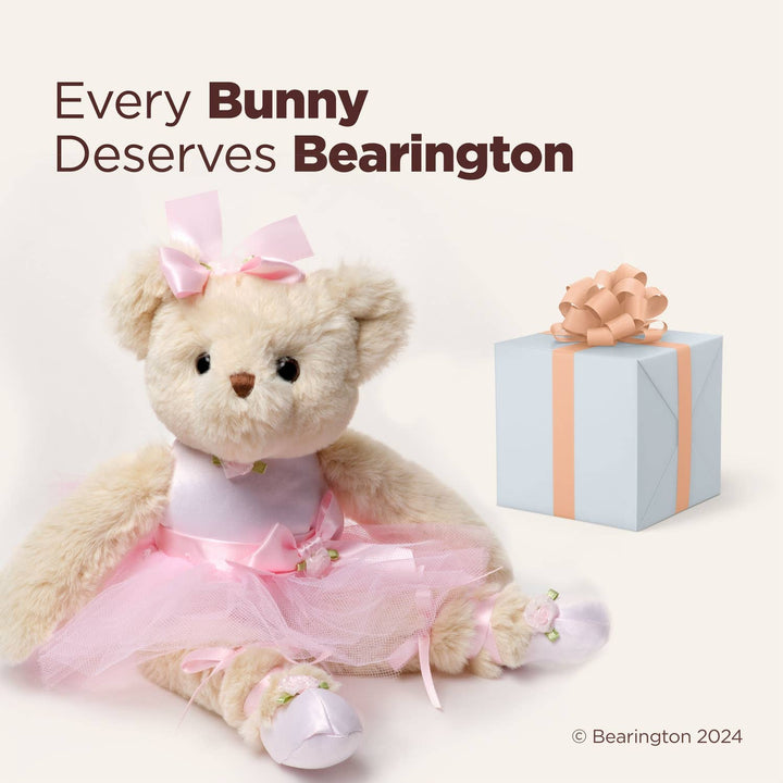 Teddy bear in a pink dress with a gift box on a white background, featuring the Bearington brand.