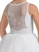 White dress with floral lace detailing on the back against a white background
