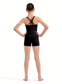 Person wearing a black leotard with thin straps on a white background