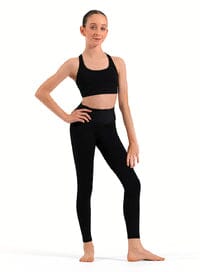 Person wearing a black athletic outfit on a white background