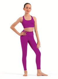 Woman wearing a purple athletic outfit on a white background