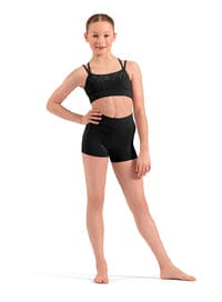 Young girl wearing a black leotard on a white background