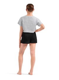 Person wearing a gray t-shirt and black shorts on a white background