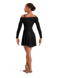 Woman wearing a black off-shoulder dress on a white background