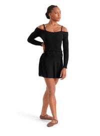 Woman wearing a black off-shoulder dress on a white background