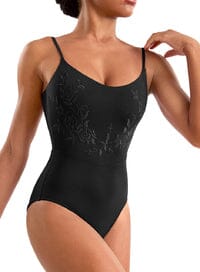 Black swimsuit worn by a model on a white background