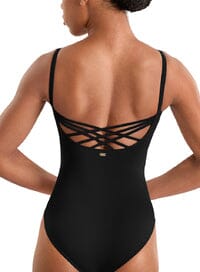 Black one-piece swimsuit with strappy back design on a white background