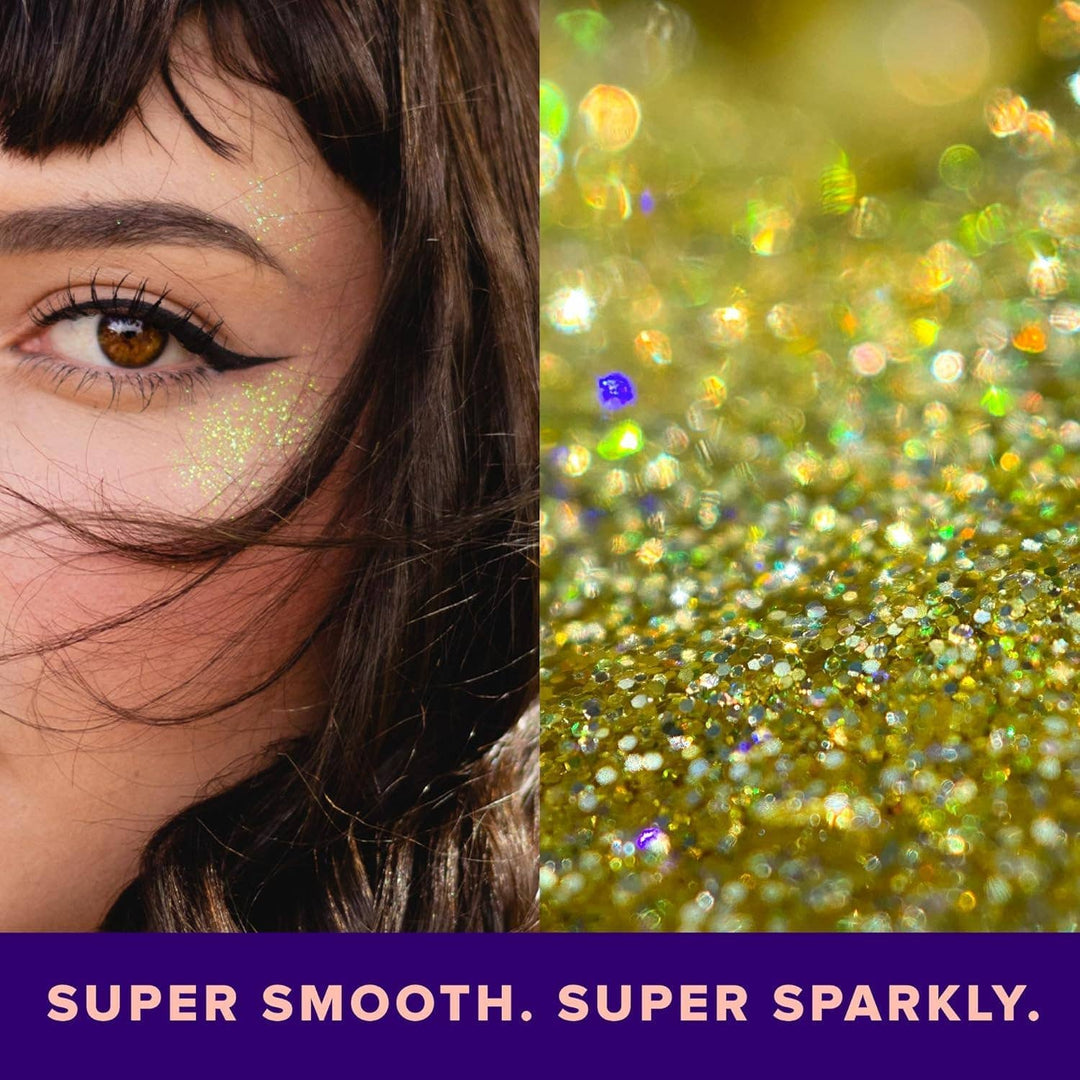Close-up of glitter on skin with a blurred glitter background and text 'Super Smooth. Super Sparkly.'