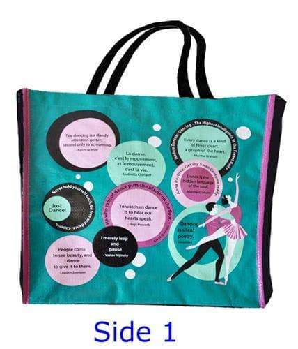 Tote bag with dance-themed design and text on a teal background