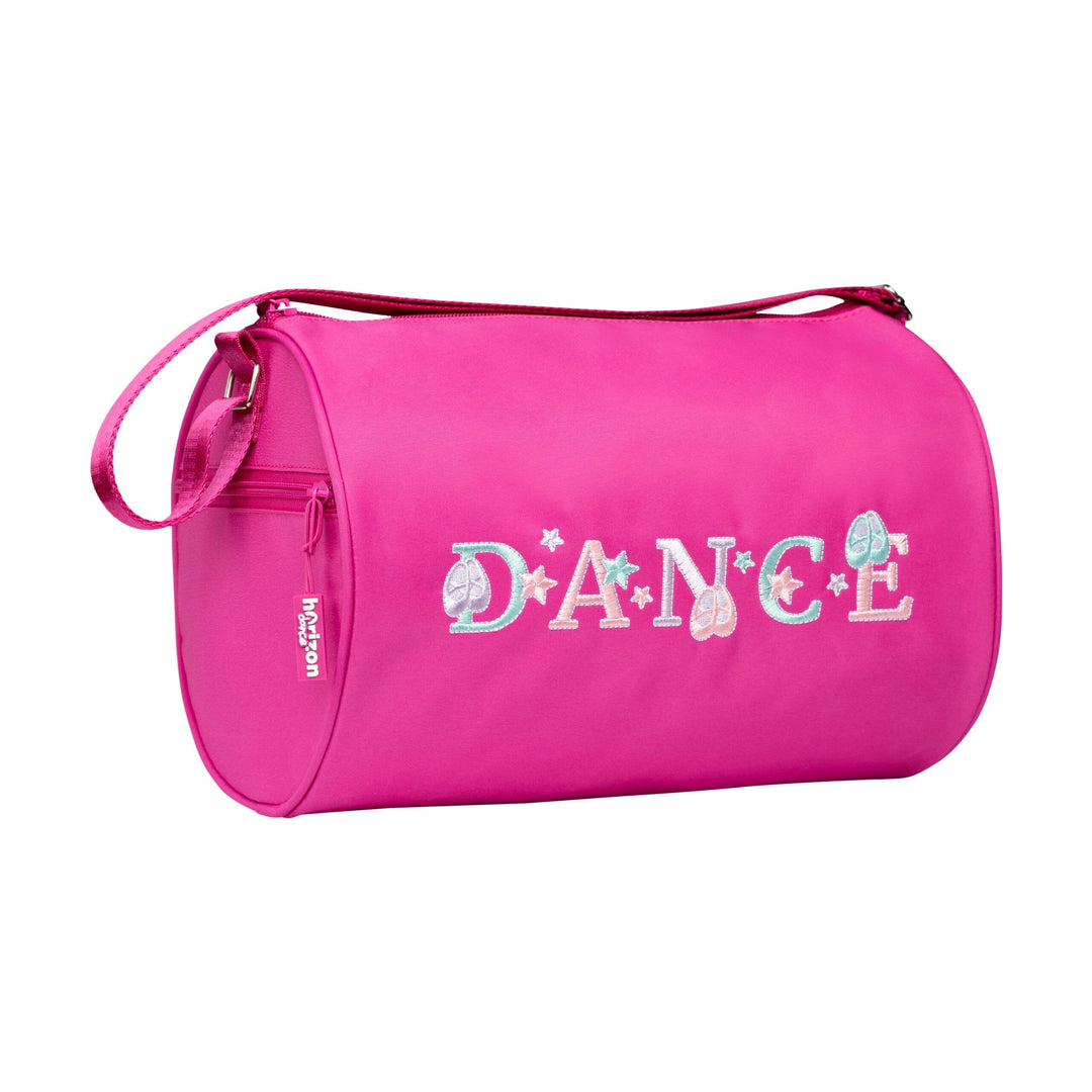 Pink dance bag with 'DANCE' text on a white background