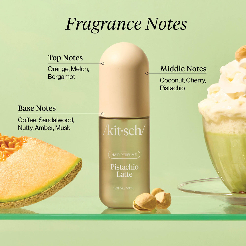 Kit-sch Pistachio Latte hair perfume bottle with flavor notes and related items on a green background