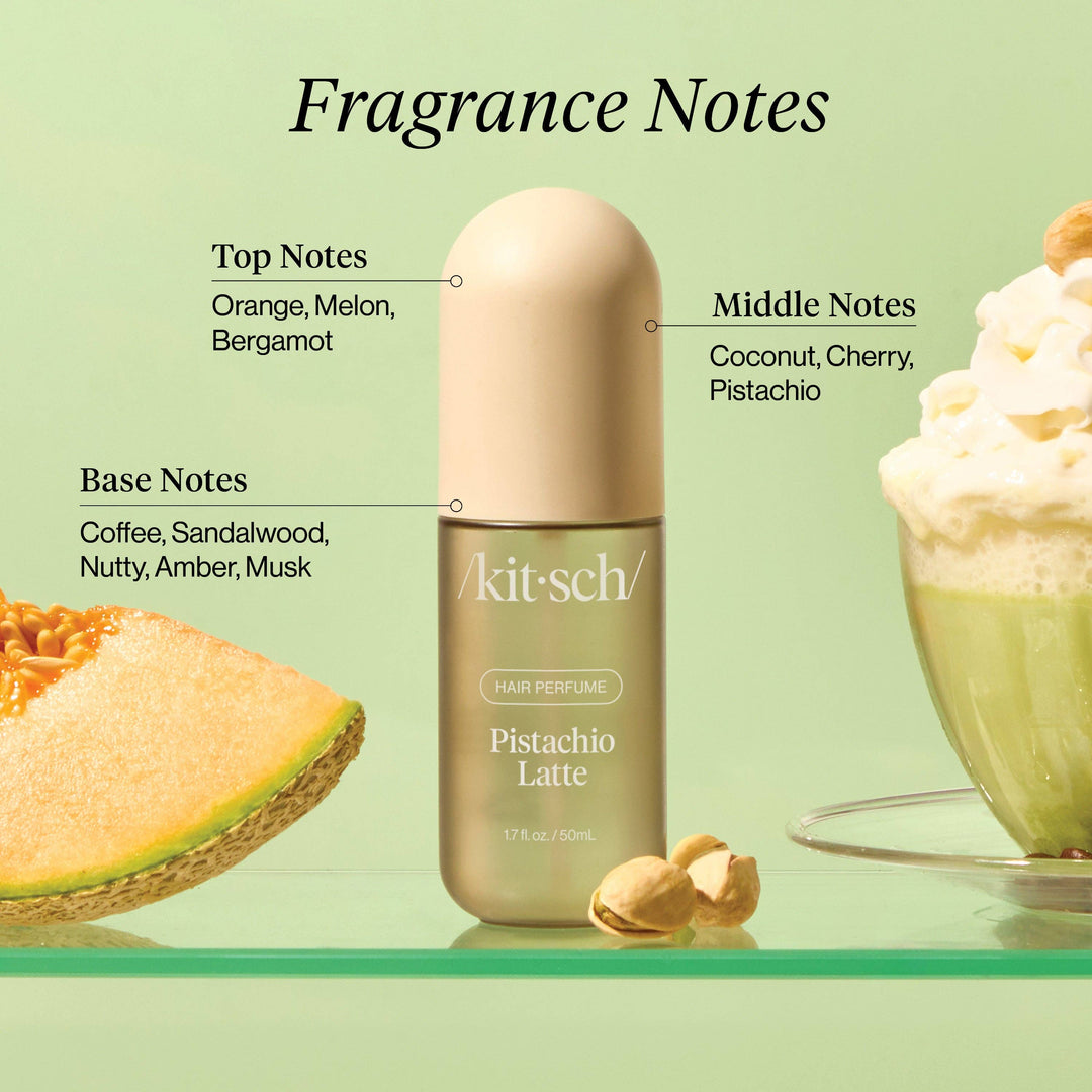 Kit-sch Pistachio Latte hair perfume bottle with flavor notes and related items on a green background