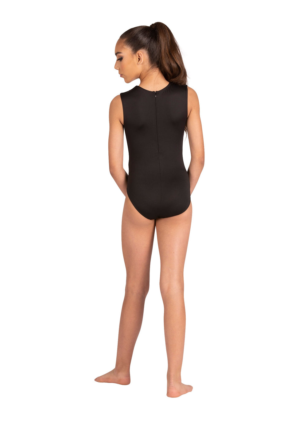 Person wearing a black bodysuit on a white background
