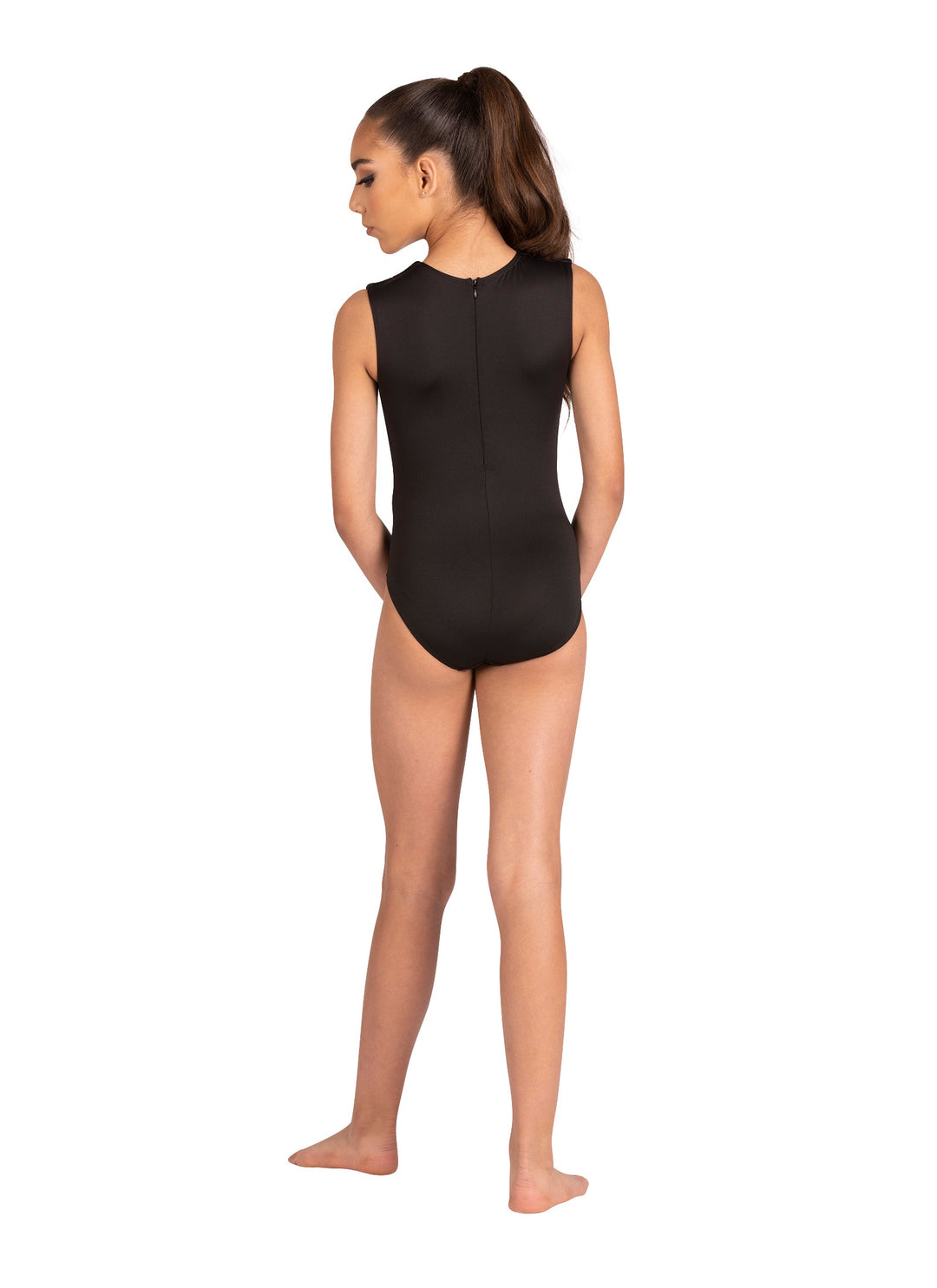 Person wearing a black bodysuit on a white background