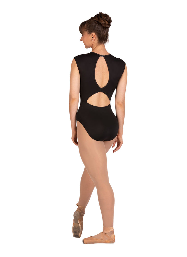 Person wearing a black leotard with cut-out design on a white background